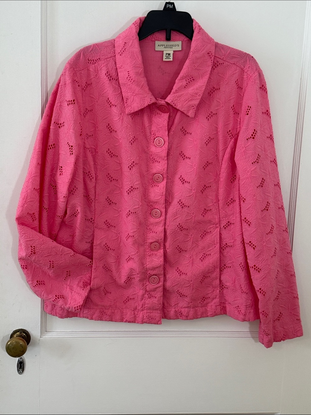 Appleseed's Pink Eyelet Button Front Jacket w/princess seams, like new, PM